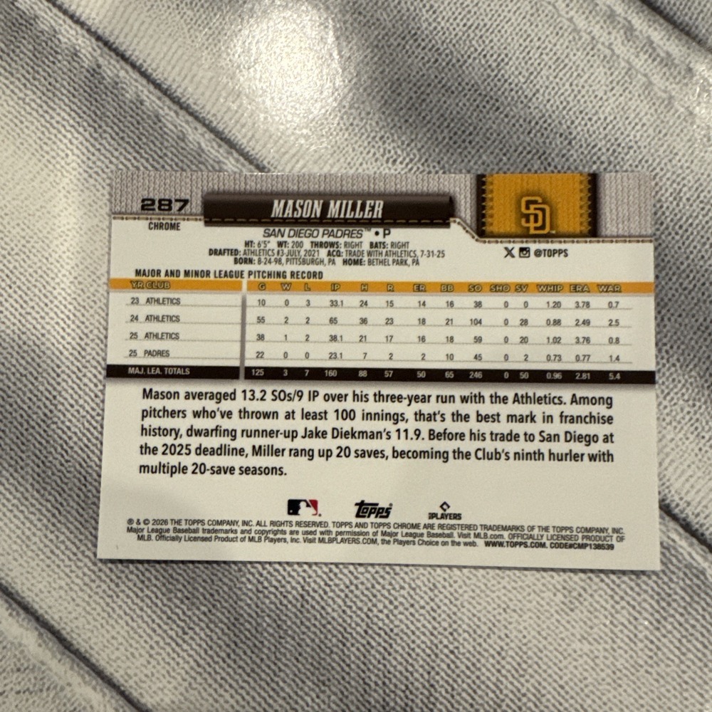 2026 Topps Chrome Mason Miller #287 Red White & Blue Padres - Picture 2 of 2